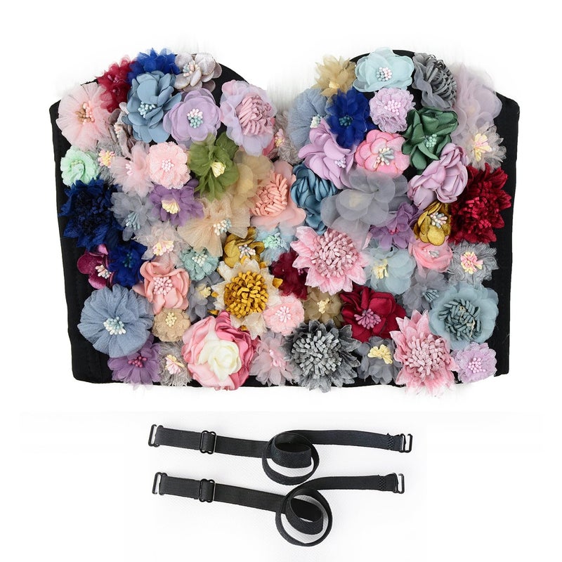 ELLACCI Women's 3D Floral Bustier Crop Top Wedding Party Club Bra Tops X-Small 34/75 Black - Image 4